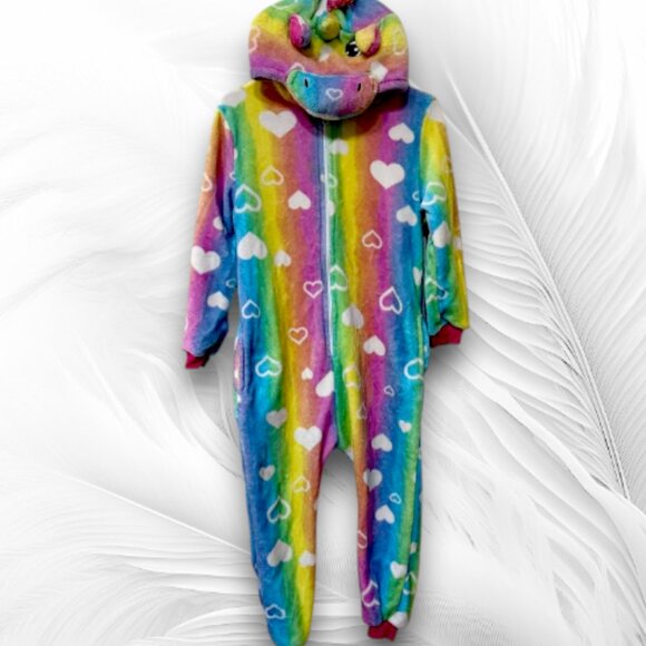 Kids Rainbow Unicorn Heart Print Onesie Pajamas - Picture 1 of 7